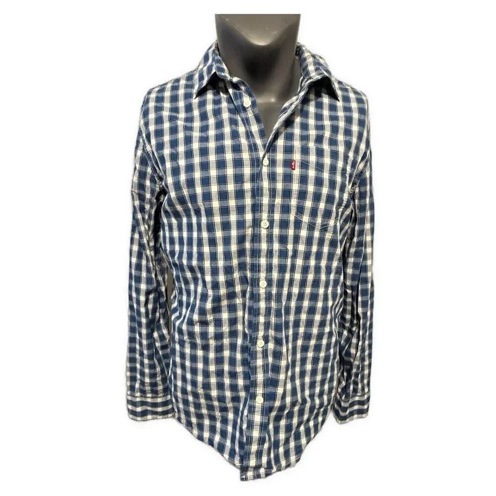 levi's men's standard Blue white Checked long sleeve shirt cotton Large